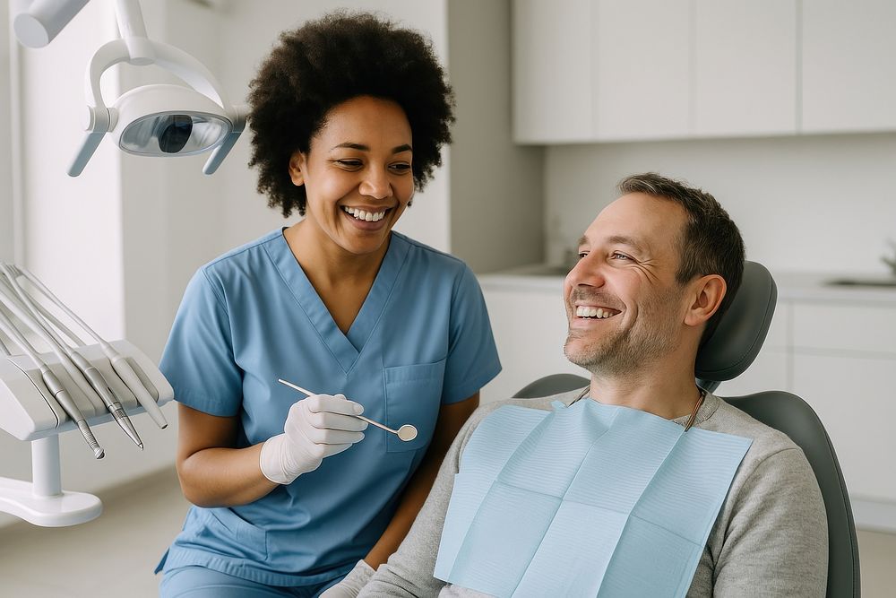 Dentista atendiendo a un paciente sonriente en una clínica dental moderna